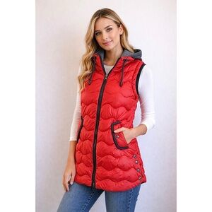 New Quilted Puffer Hooded mixed Media Vest Red Grey Size Medium